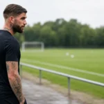 Lars Veldwijk in neutrale sportkleding naast een voetbalveld.