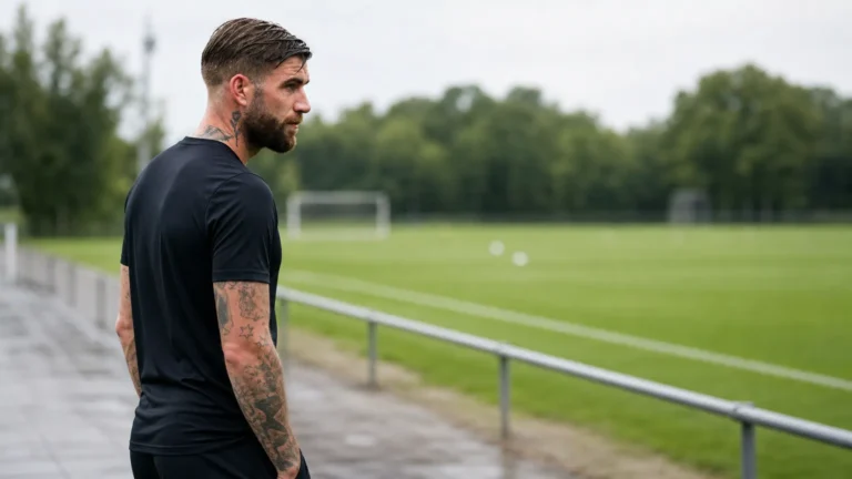 Lars Veldwijk in neutrale sportkleding naast een voetbalveld.