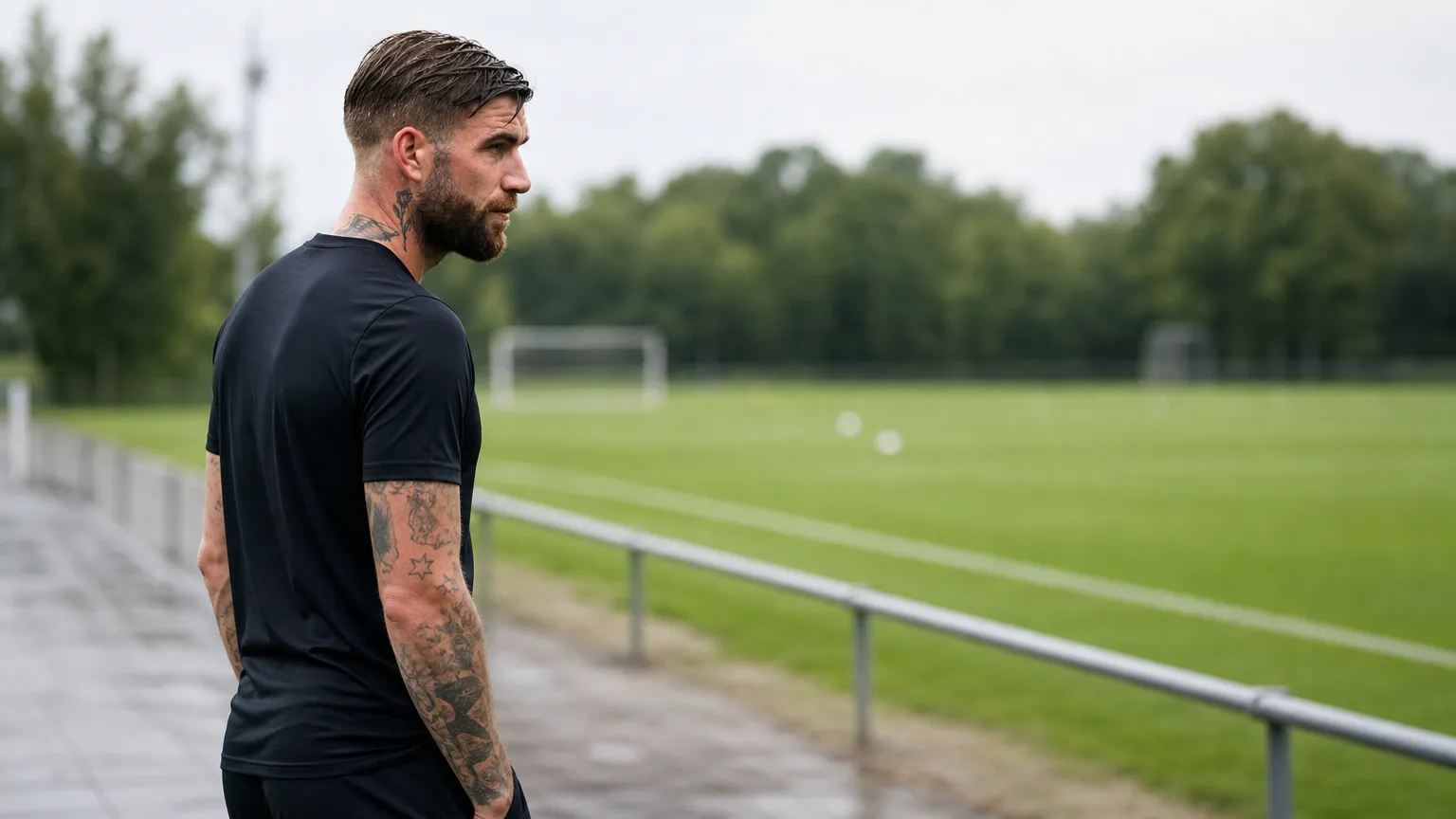 Lars Veldwijk in neutrale sportkleding naast een voetbalveld.