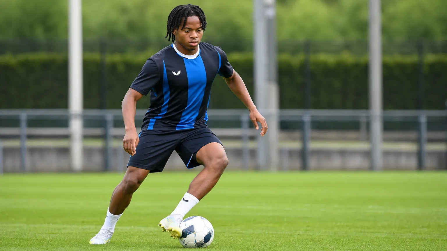 Wisdom Mike tijdens een gecontroleerde opwarming op een trainingsveld.