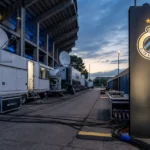 Televisie-installaties aan de ingang van het Jan Breydel-stadion met een Club Brugge-clubanker.