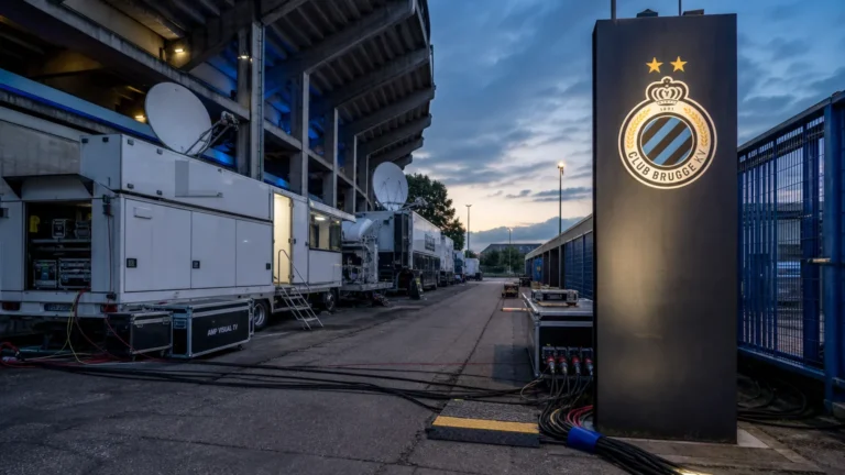 Televisie-installaties aan de ingang van het Jan Breydel-stadion met een Club Brugge-clubanker.