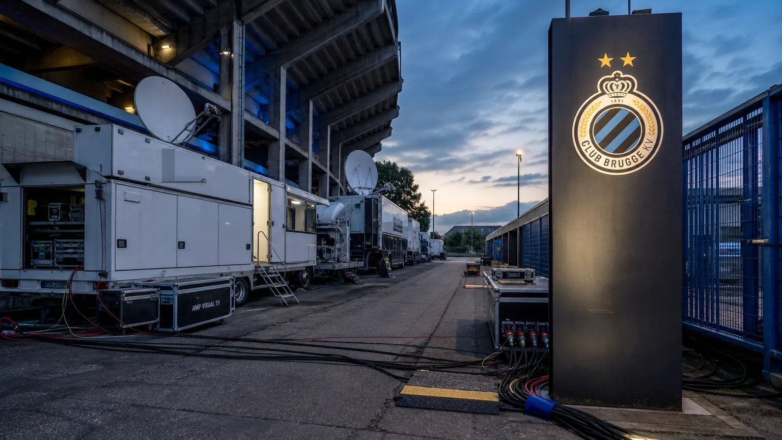 Televisie-installaties aan de ingang van het Jan Breydel-stadion met een Club Brugge-clubanker.