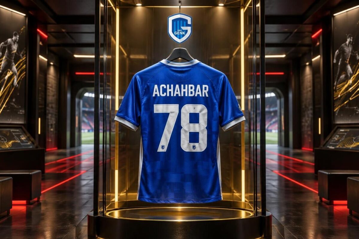 Blauw nummer 78-shirt van Kiyan Achahbar in een futuristisch VoetbalFocus-scoutinglab.