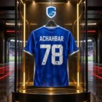 Blauw nummer 78-shirt van Kiyan Achahbar in een futuristisch VoetbalFocus-scoutinglab.