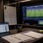Operationele scoutingruimte van RSC Anderlecht met een tactisch scherm en een clubembleem aan de wand.
