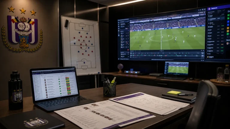 Operationele scoutingruimte van RSC Anderlecht met een tactisch scherm en een clubembleem aan de wand.