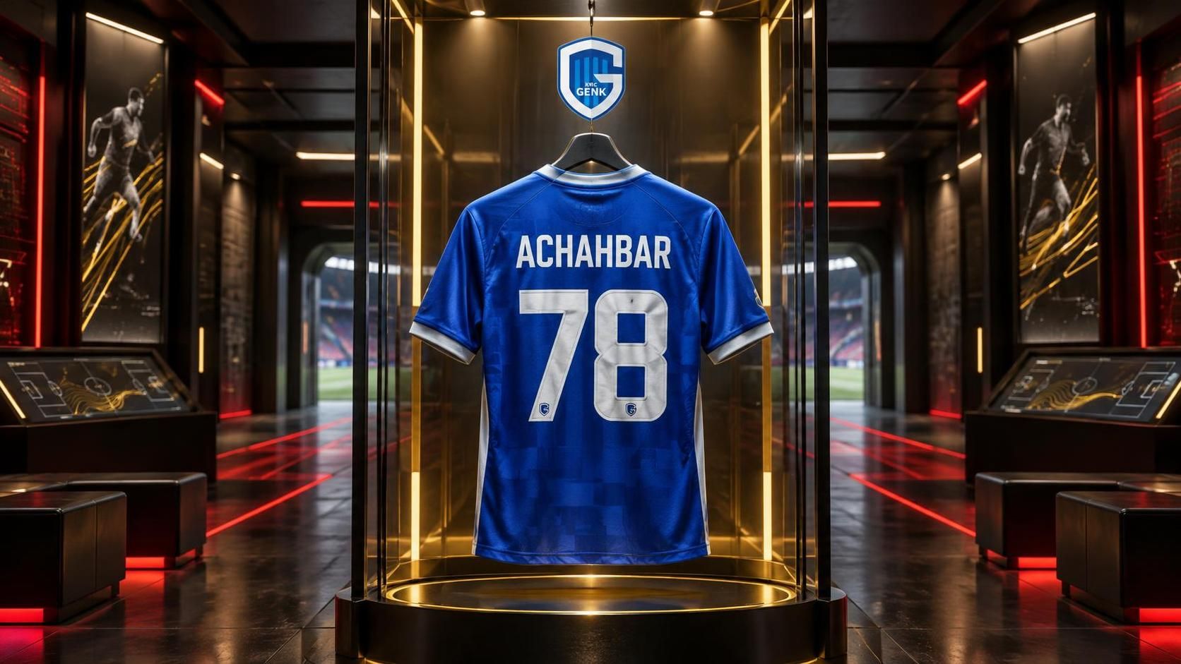 Blauw nummer 78-shirt van Kiyan Achahbar in een futuristisch VoetbalFocus-scoutinglab.