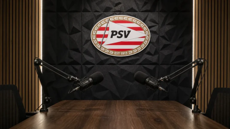 Lege podcaststudio met twee microfoons en een PSV-embleem op de wand.