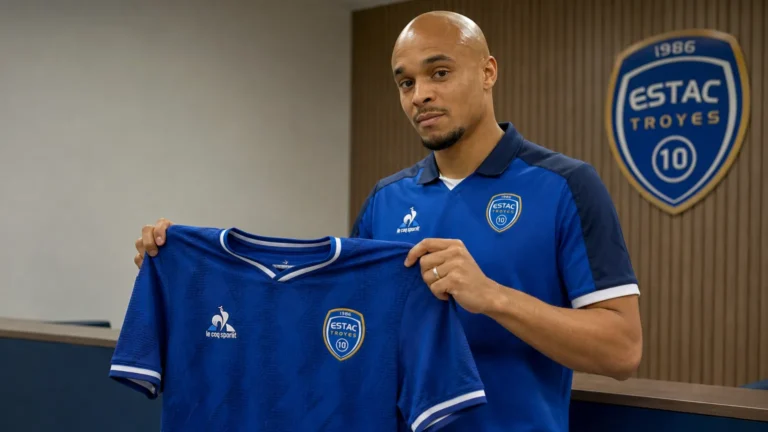 Timothé Nkada poseert met een ESTAC Troyes-shirt tijdens zijn officiële presentatie.
