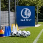 Leeg trainingsveld van KAA Gent met oefenmateriaal langs de zijlijn en een clubembleem op een vast bord.