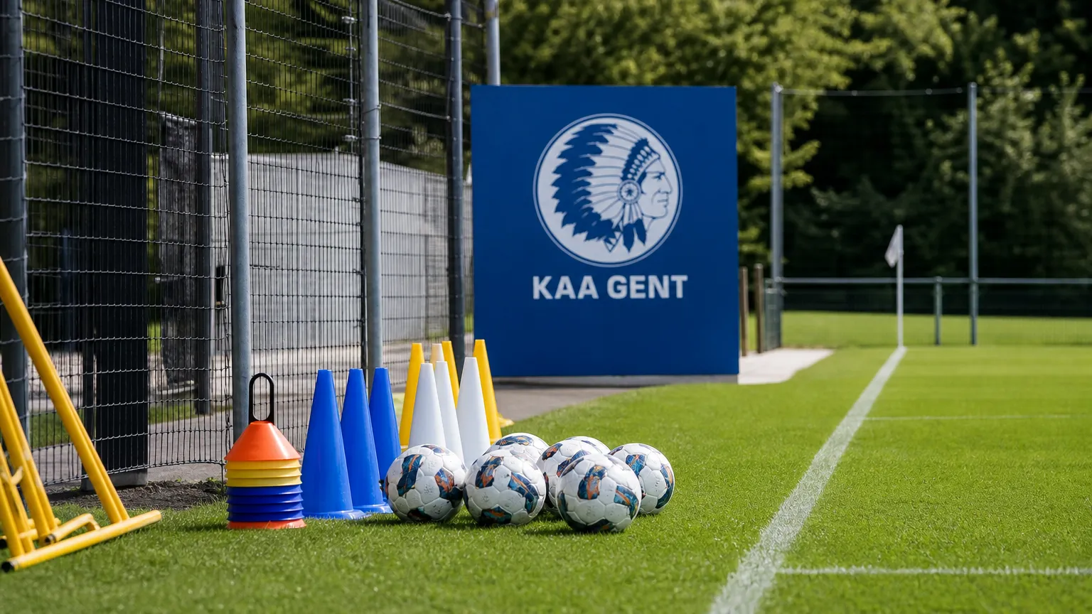 Leeg trainingsveld van KAA Gent met oefenmateriaal langs de zijlijn en een clubembleem op een vast bord.