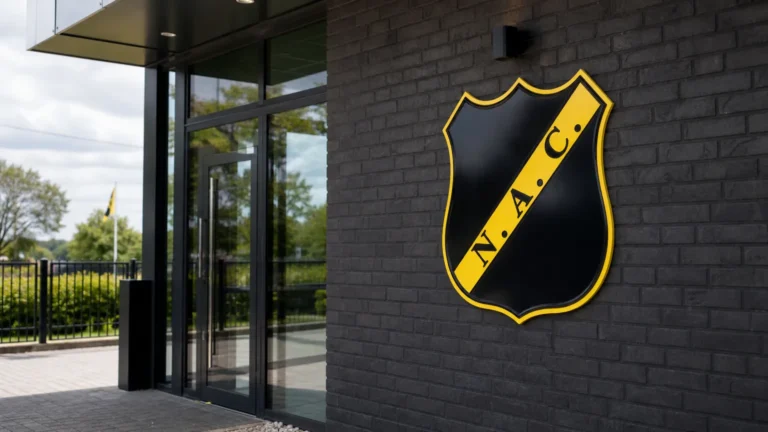 De lege ingang van het clubgebouw van NAC Breda met het vaste clubembleem aan de gevel.
