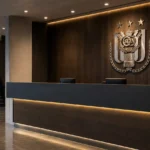 De lege verlichte inkomhal van het RSC Anderlecht-clubgebouw met een vast embleem aan de wand.