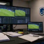Een operationele rekruteringsruimte van KRC Genk met een scoutingwerkstation en een clubembleem aan de wand.