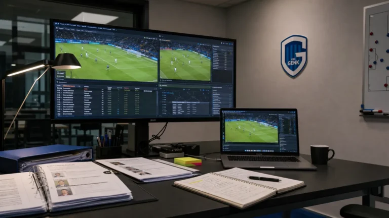 Een operationele rekruteringsruimte van KRC Genk met een scoutingwerkstation en een clubembleem aan de wand.