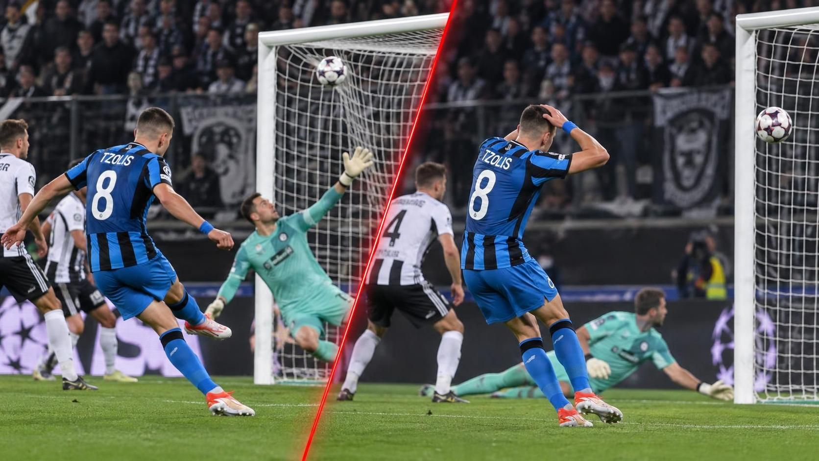 Tzolis scoort links tegen Sturm Graz, maar raakt rechts de buitenkant van de paal.