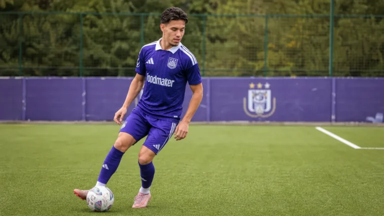 Enzo Sternal in het paarse tenue van RSCA Futures op een kunstgrasveld.