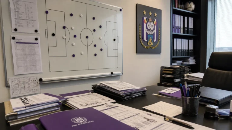 Operationele kantoorruimte van RSC Anderlecht met een tactisch planbord en een clubembleem aan de wand.
