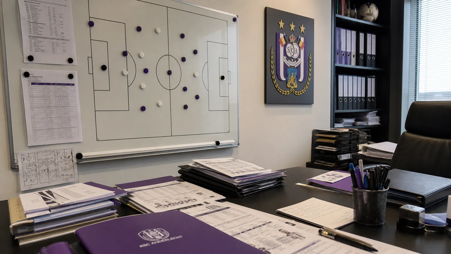 Operationele kantoorruimte van RSC Anderlecht met een tactisch planbord en een clubembleem aan de wand.