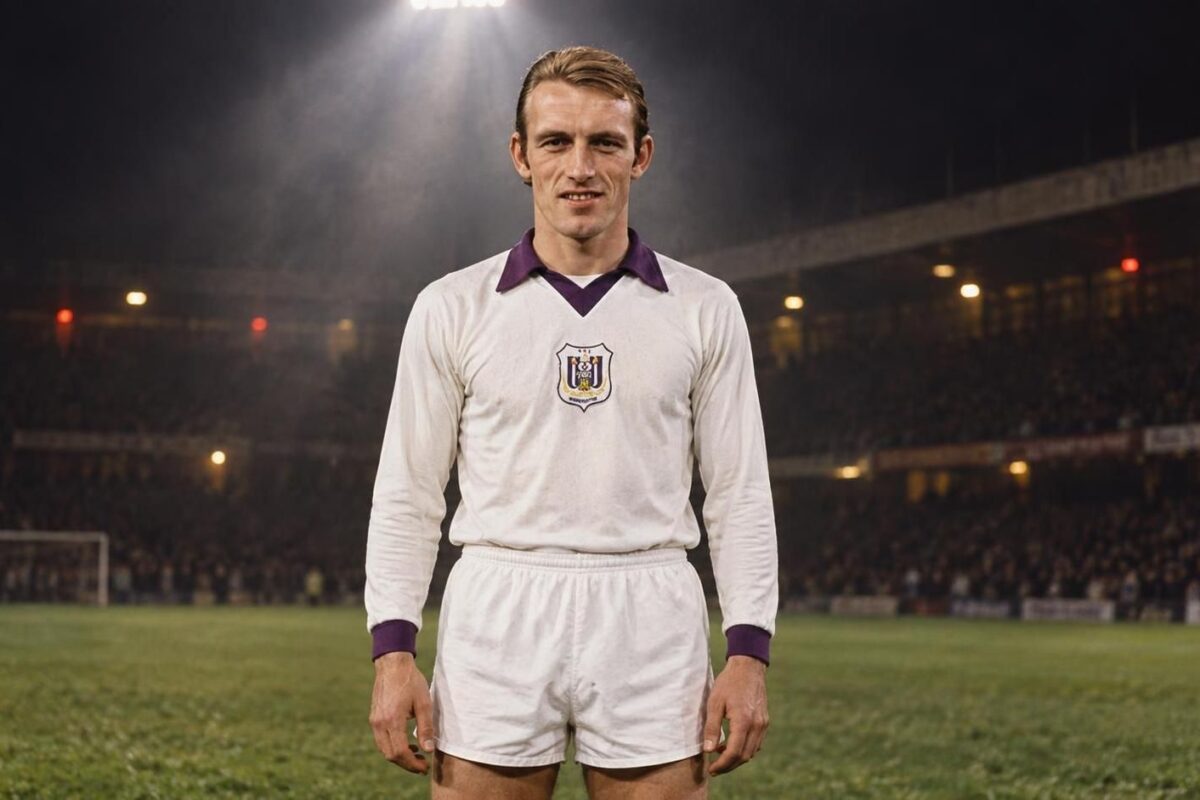 Paul Van Himst in wit Anderlechtshirt rond 1970 onder één krachtige stadionspot