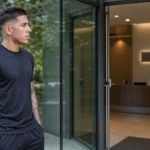 Enzo Fernández in neutrale sportkleding bij de ingang van een privékliniek.