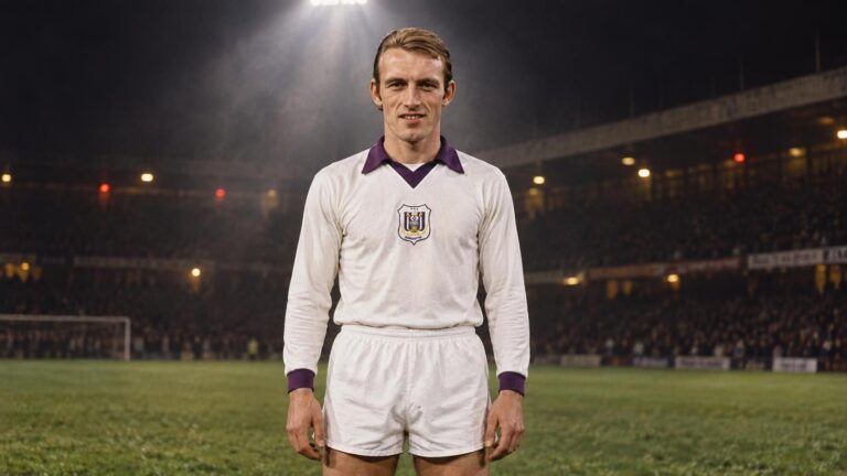 Paul Van Himst in wit Anderlechtshirt rond 1970 onder één krachtige stadionspot
