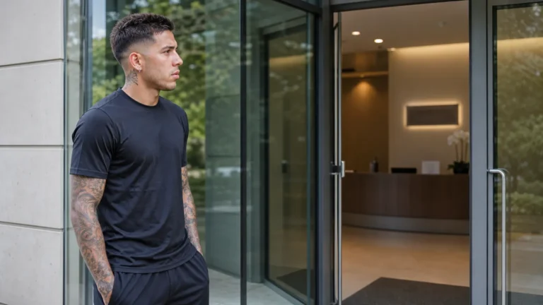 Enzo Fernández in neutrale sportkleding bij de ingang van een privékliniek.