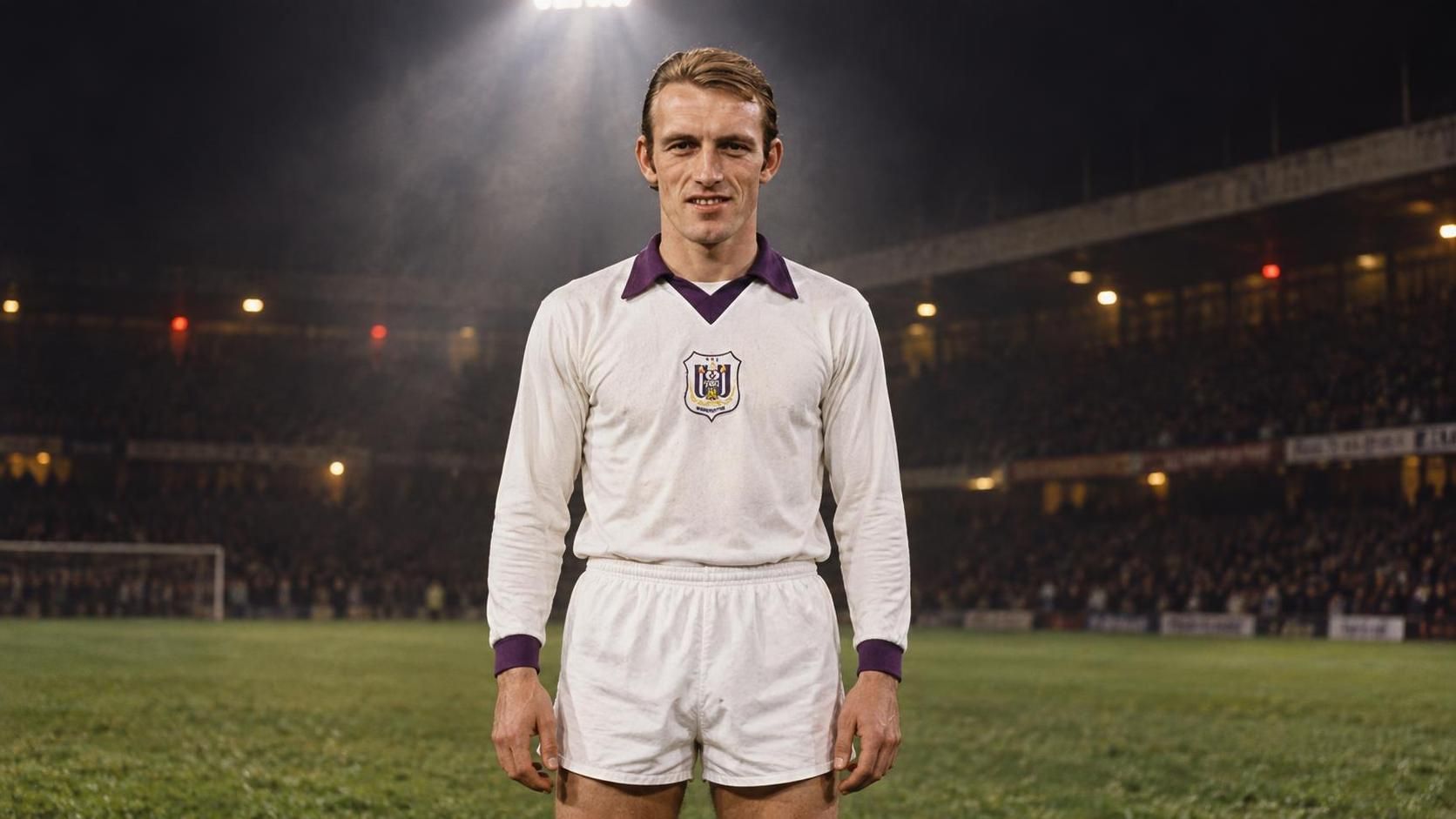 Paul Van Himst in wit Anderlechtshirt rond 1970 onder één krachtige stadionspot