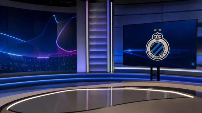 Lege televisiestudio voor een Champions League-voorbeschouwing met een Club Brugge-embleem op een vaste monitor.