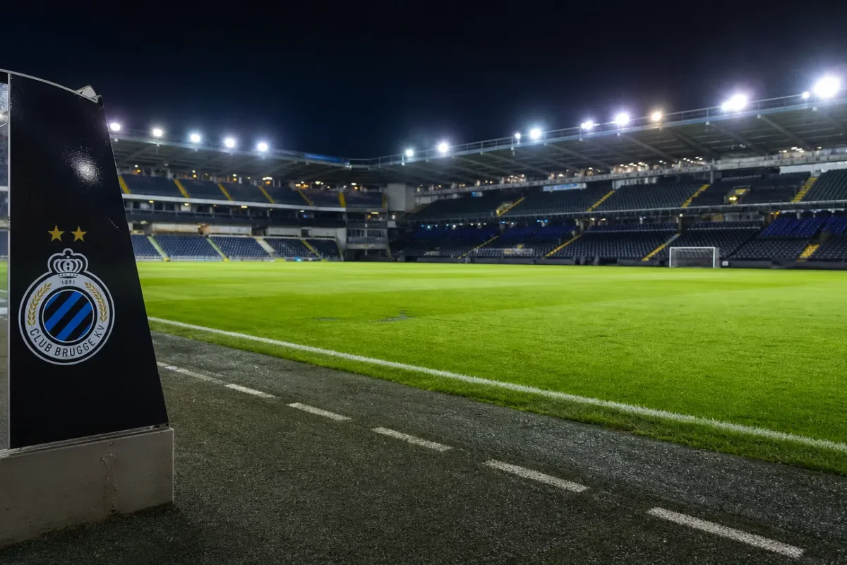 Leeg veld in het Jan Breydelstadion met een Club Brugge-embleem op de dug-out.