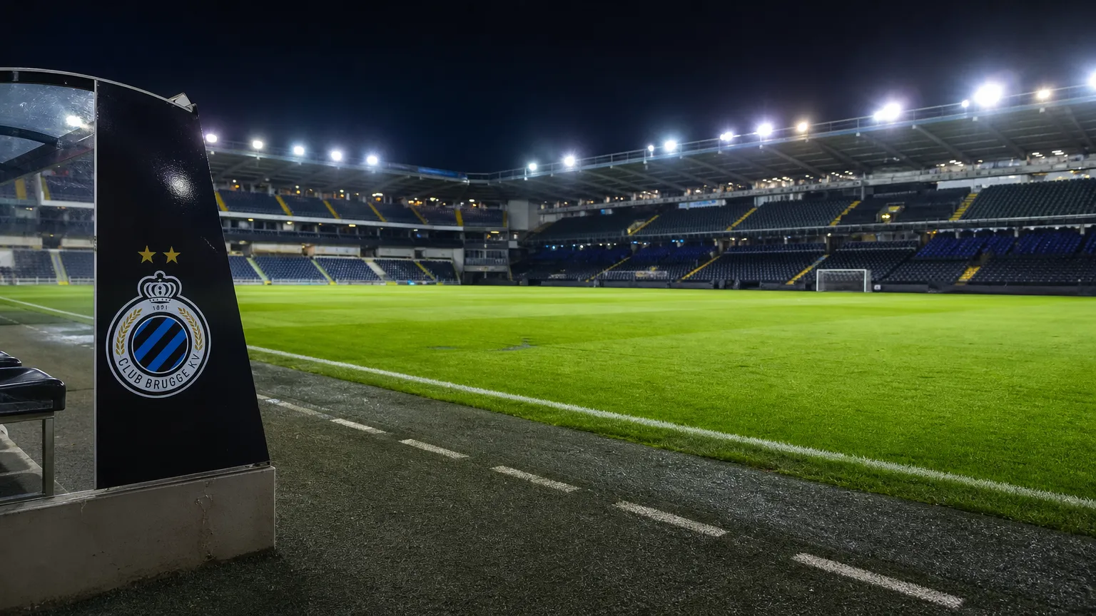 Leeg veld in het Jan Breydelstadion met een Club Brugge-embleem op de dug-out.
