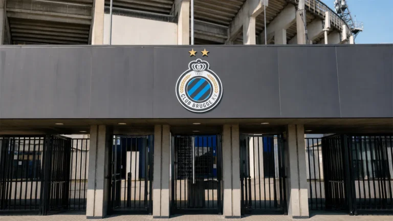De ingang van het Jan Breydelstadion met het embleem van Club Brugge.