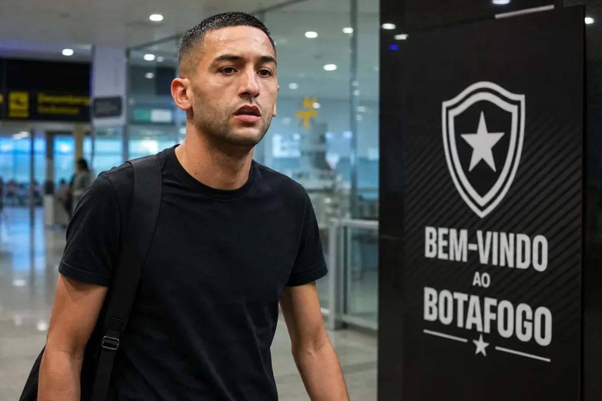 Hakim Ziyech in de aankomsthal van luchthaven Galeão bij een welkomstbord van Botafogo.