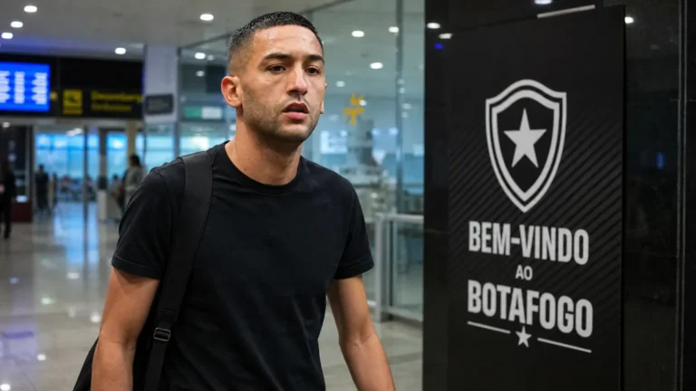 Hakim Ziyech in de aankomsthal van luchthaven Galeão bij een welkomstbord van Botafogo.