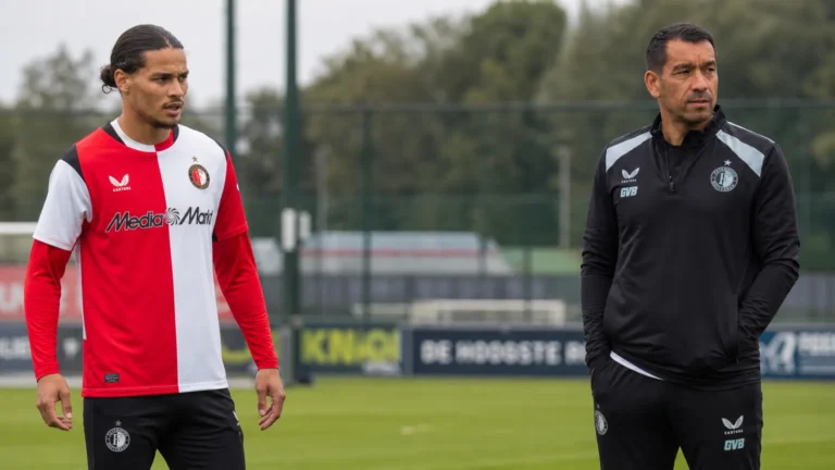 Een Feyenoord-speler en een staflid op het trainingsveld.