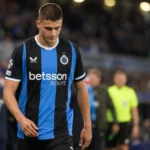 Nicolò Tresoldi van Club Brugge reageert op het veld na een wedstrijd.