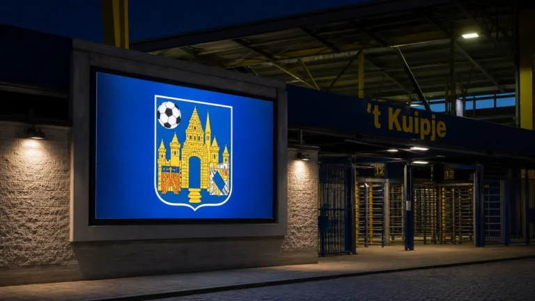 Een verlicht aankondigingspaneel aan ’t Kuipje met het embleem van KVC Westerlo.