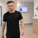 Oleg Reabciuk in neutrale sportkleding in de ontvangsthal van een sportmedisch centrum.