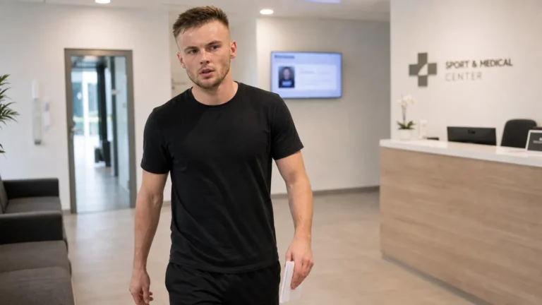 Oleg Reabciuk in neutrale sportkleding in de ontvangsthal van een sportmedisch centrum.