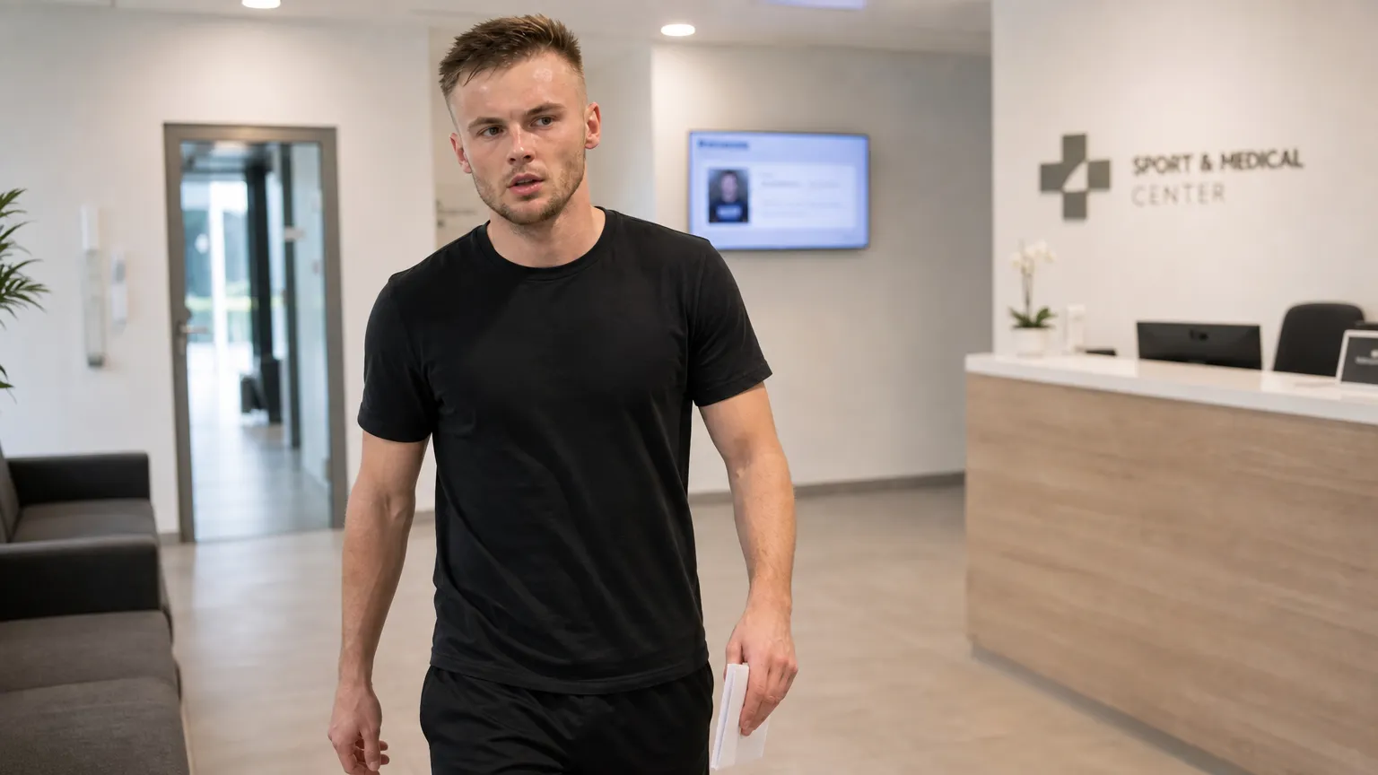 Oleg Reabciuk in neutrale sportkleding in de ontvangsthal van een sportmedisch centrum.