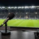 Lege commentaarpositie met microfoon en zicht op een verlicht voetbalveld.