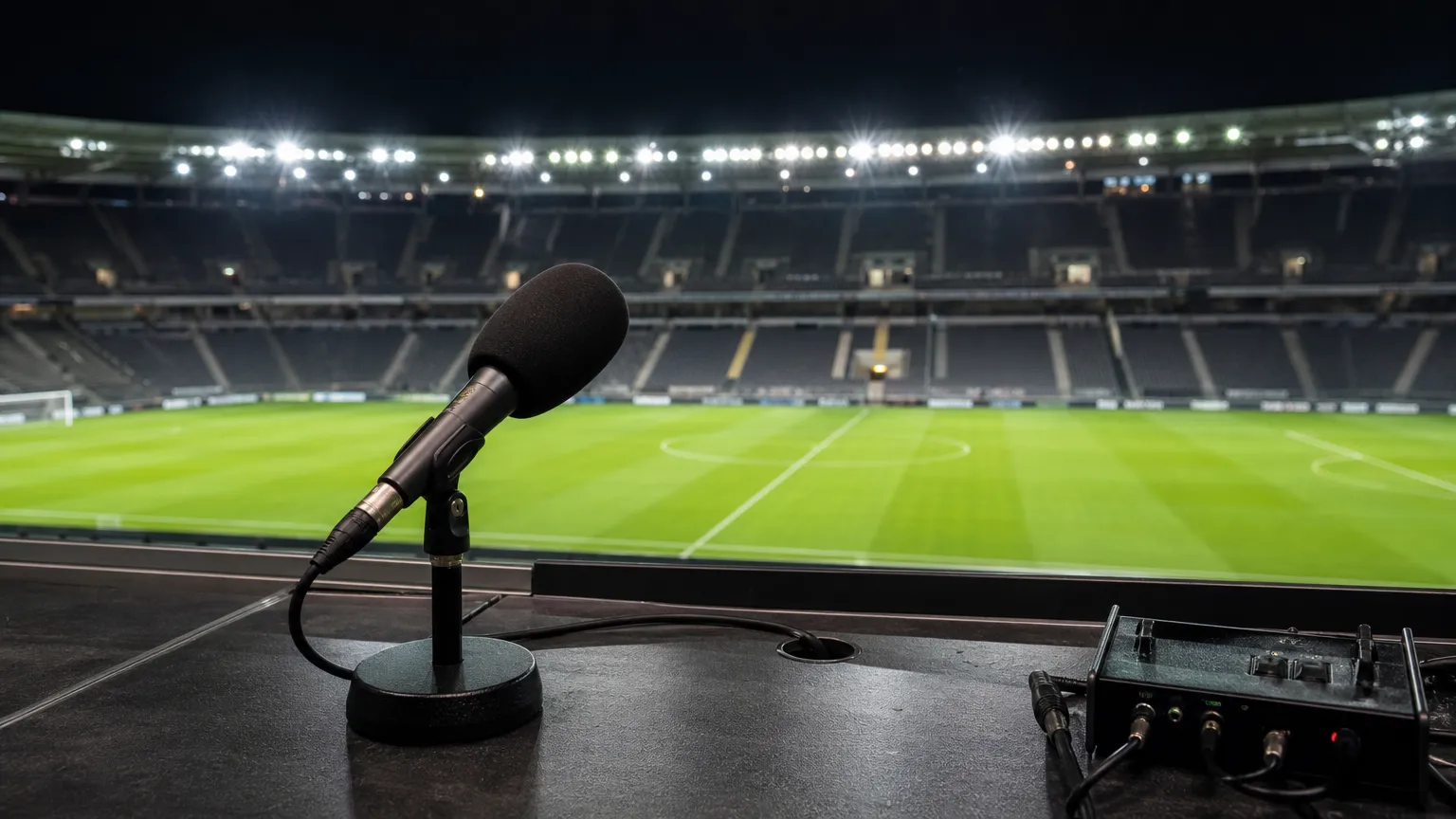 Lege commentaarpositie met microfoon en zicht op een verlicht voetbalveld.