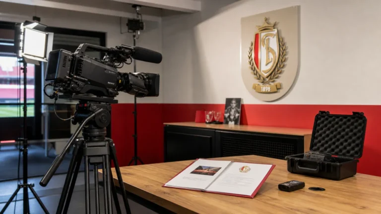 Operationele mediaruimte van Standard met camera-apparatuur en een clubembleem aan de wand.
