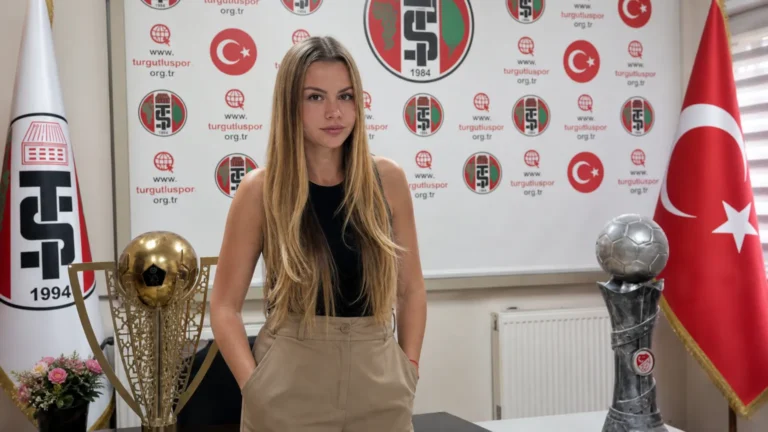 Zeynep Mestan in burgerkleding voor een zichtbare Turgutluspor-clubachtergrond.