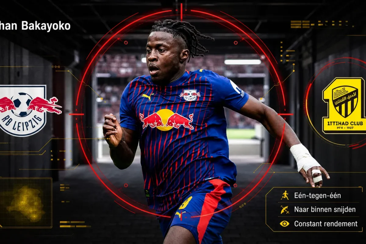 Johan Bakayoko in scoutingvizier met de emblemen van RB Leipzig en geïnteresseerde club Al-Ittihad.