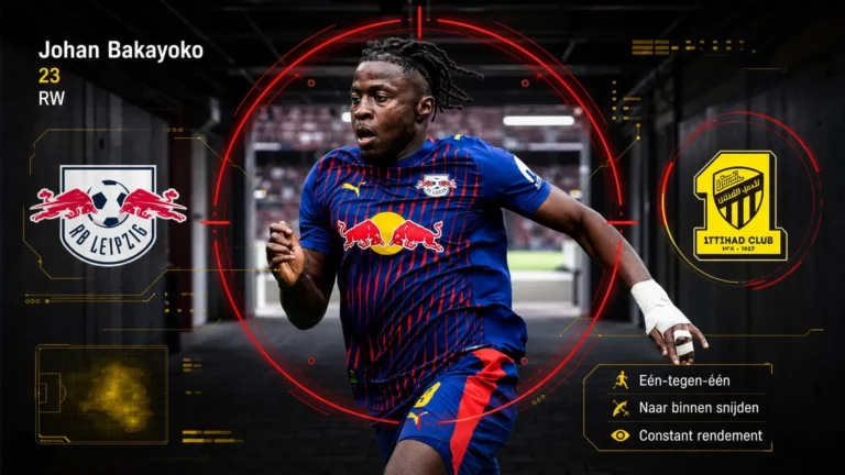 Johan Bakayoko in scoutingvizier met de emblemen van RB Leipzig en geïnteresseerde club Al-Ittihad.
