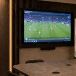 Een lege analysekamer van België met een tactisch scherm en een embleem op het wandpaneel.