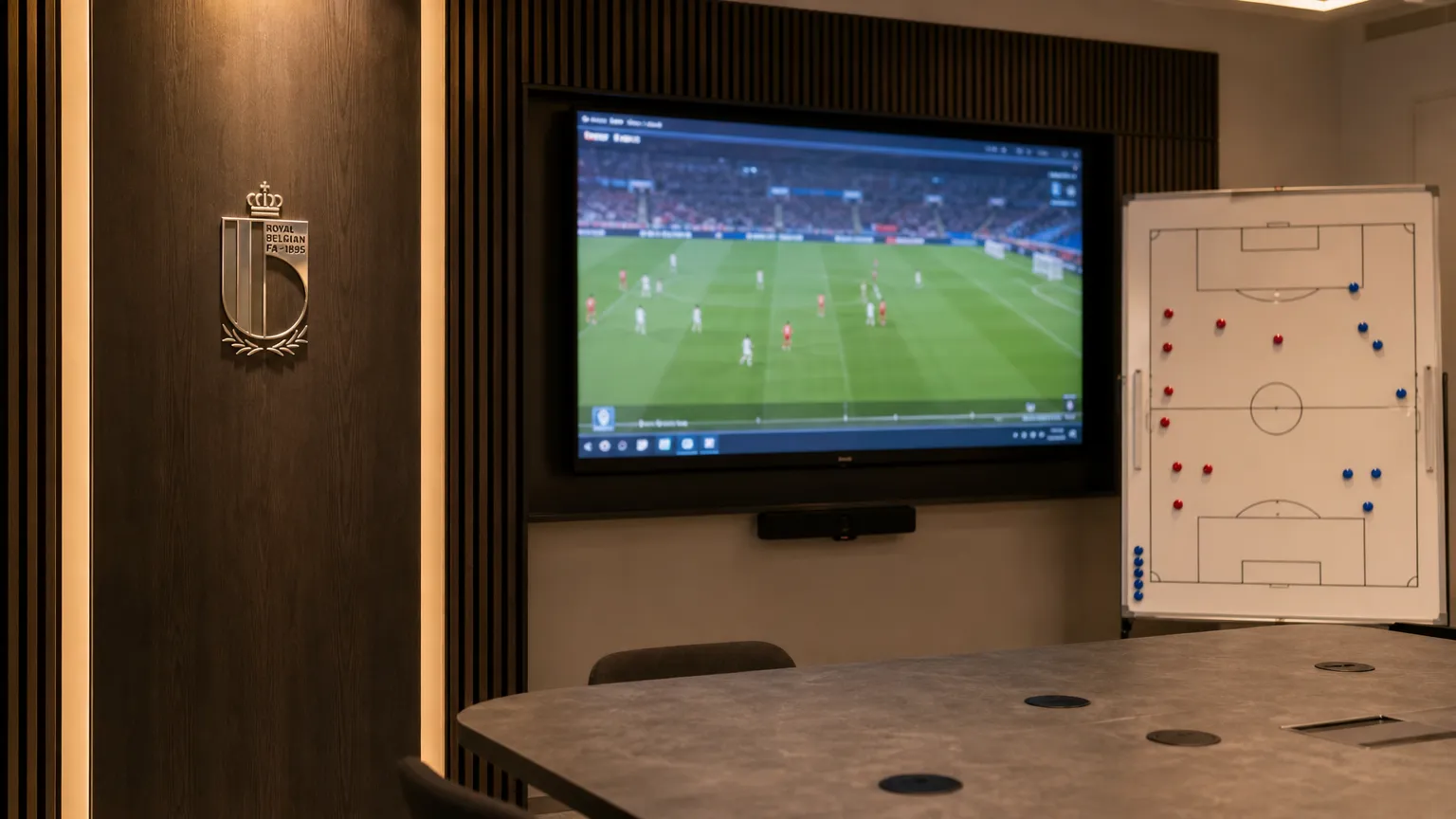 Een lege analysekamer van Belgiƫ met een tactisch scherm en een embleem op het wandpaneel.