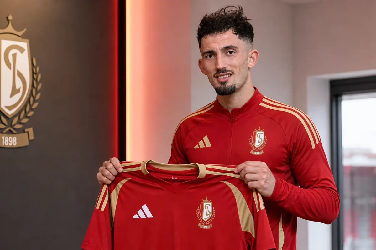 Andi Zeqiri poseert met een Standard-shirt tijdens zijn voorstelling in Luik.